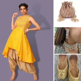 Asymmetrical Kurta with Dhoti for   Antique Gold sequins Hand-embroidered Potli   Gold Plated Necklace Set with pearls   - Rent