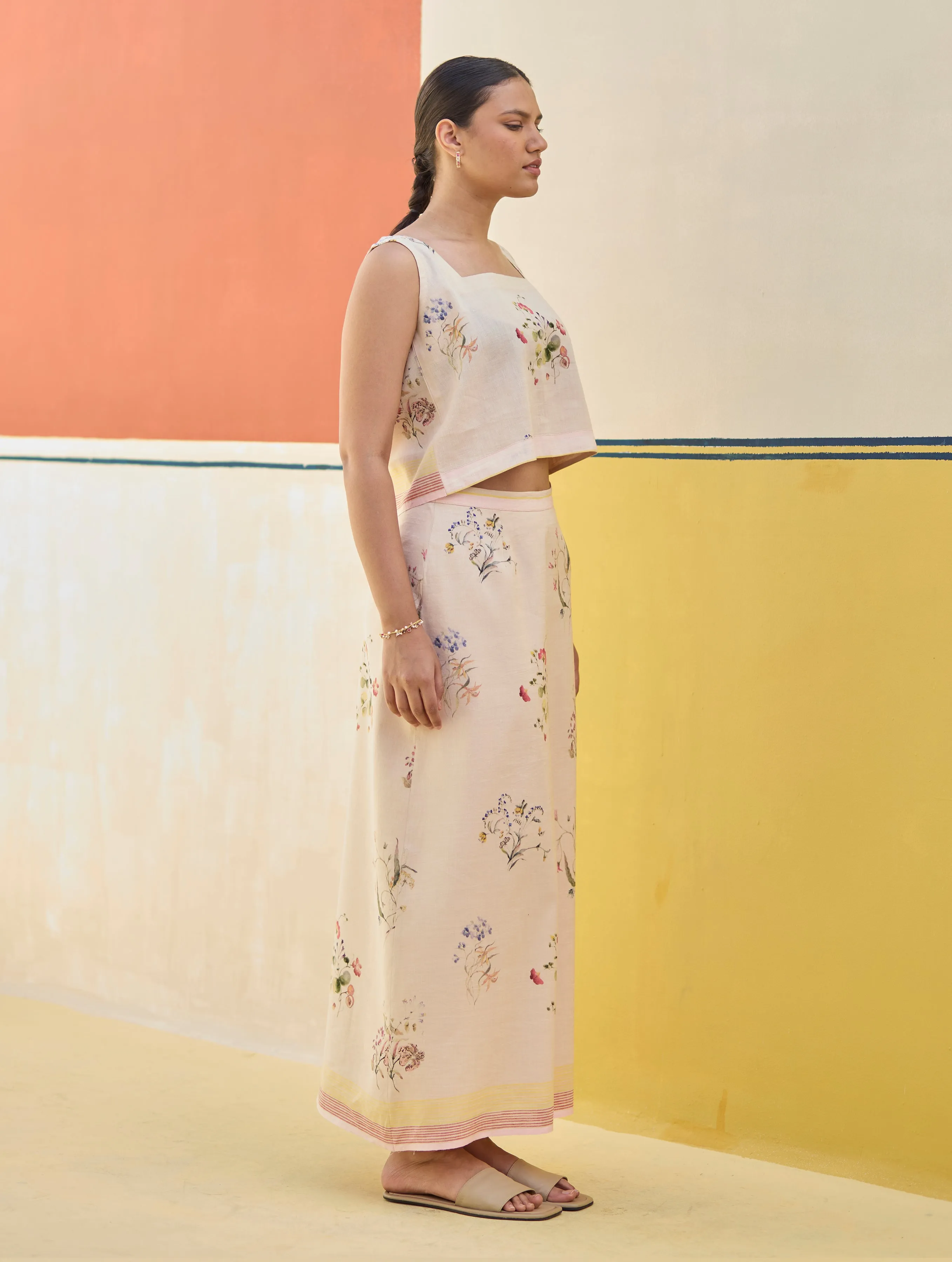 Ayaka Watercolor Floral Crop Top - Sand