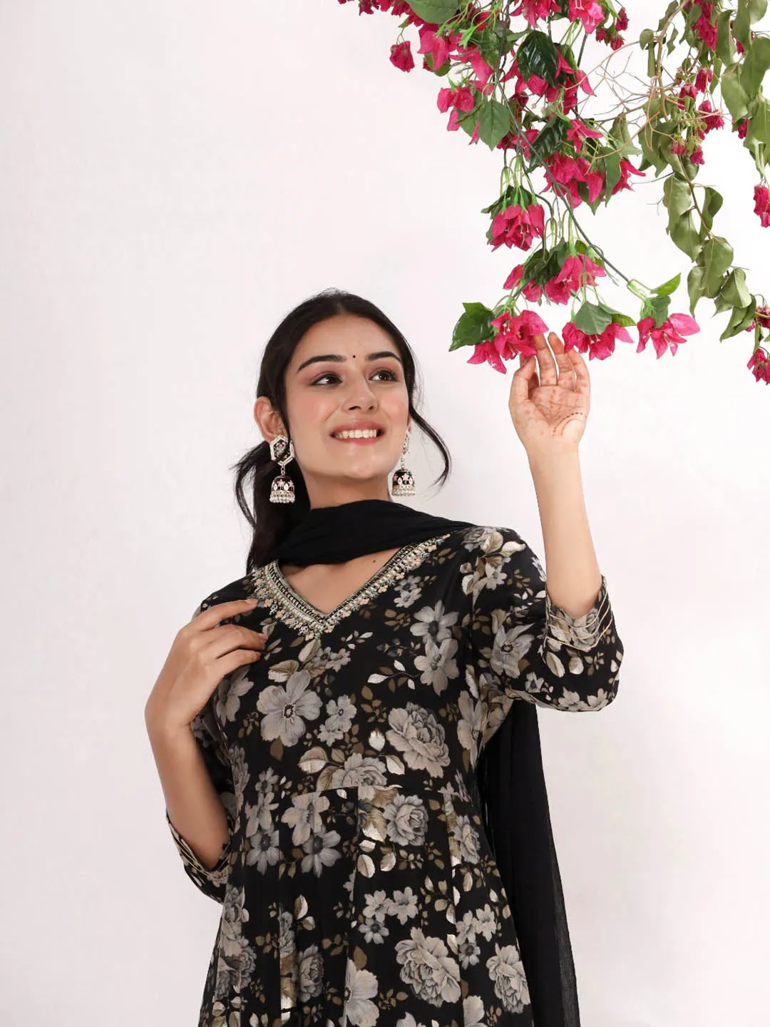 Black Floral Print A-line Kurta Set