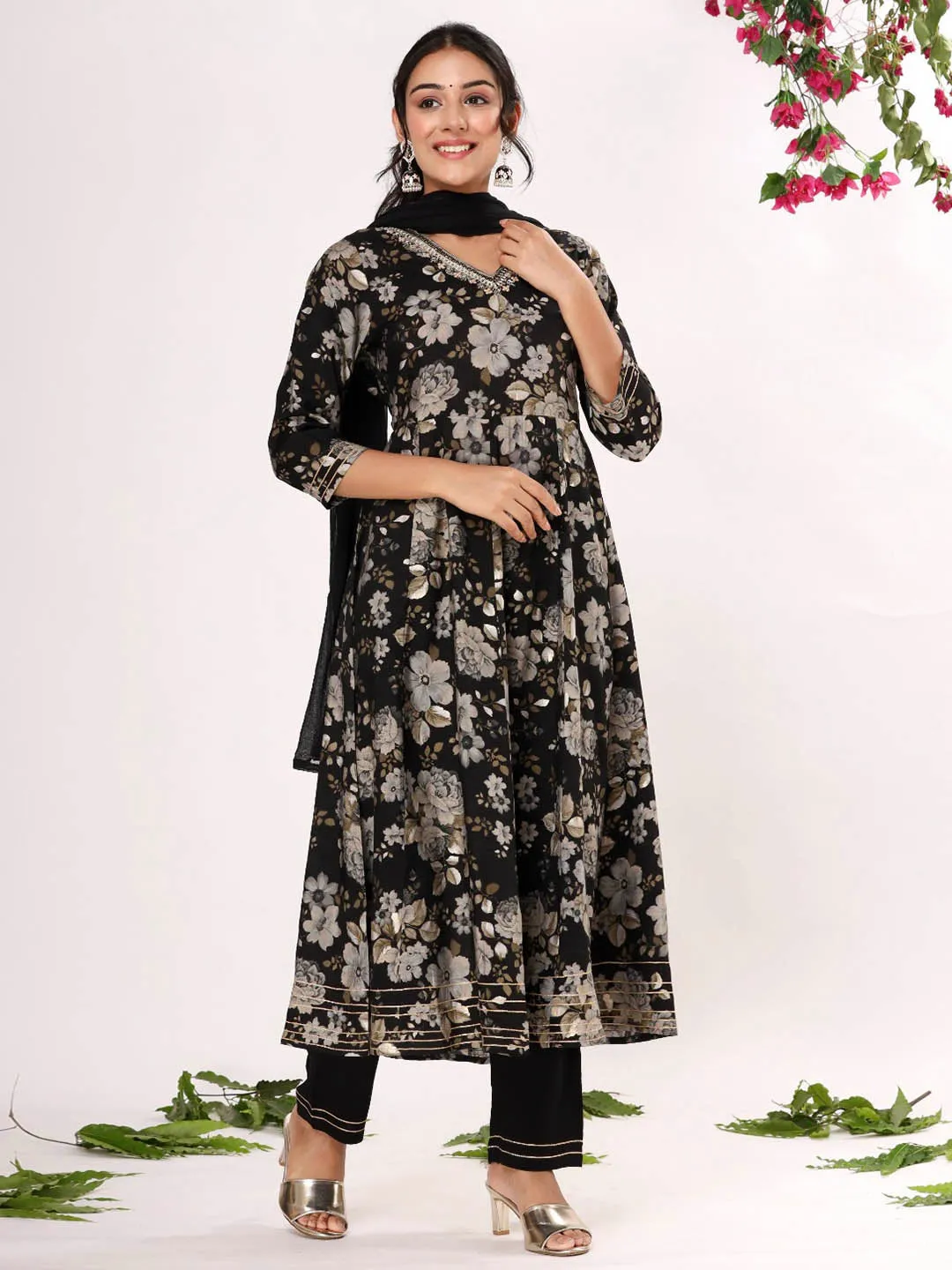 Black Floral Print A-line Kurta Set