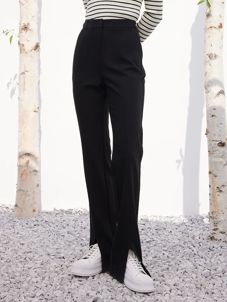 Black Full-Length Slim Pants With Slit