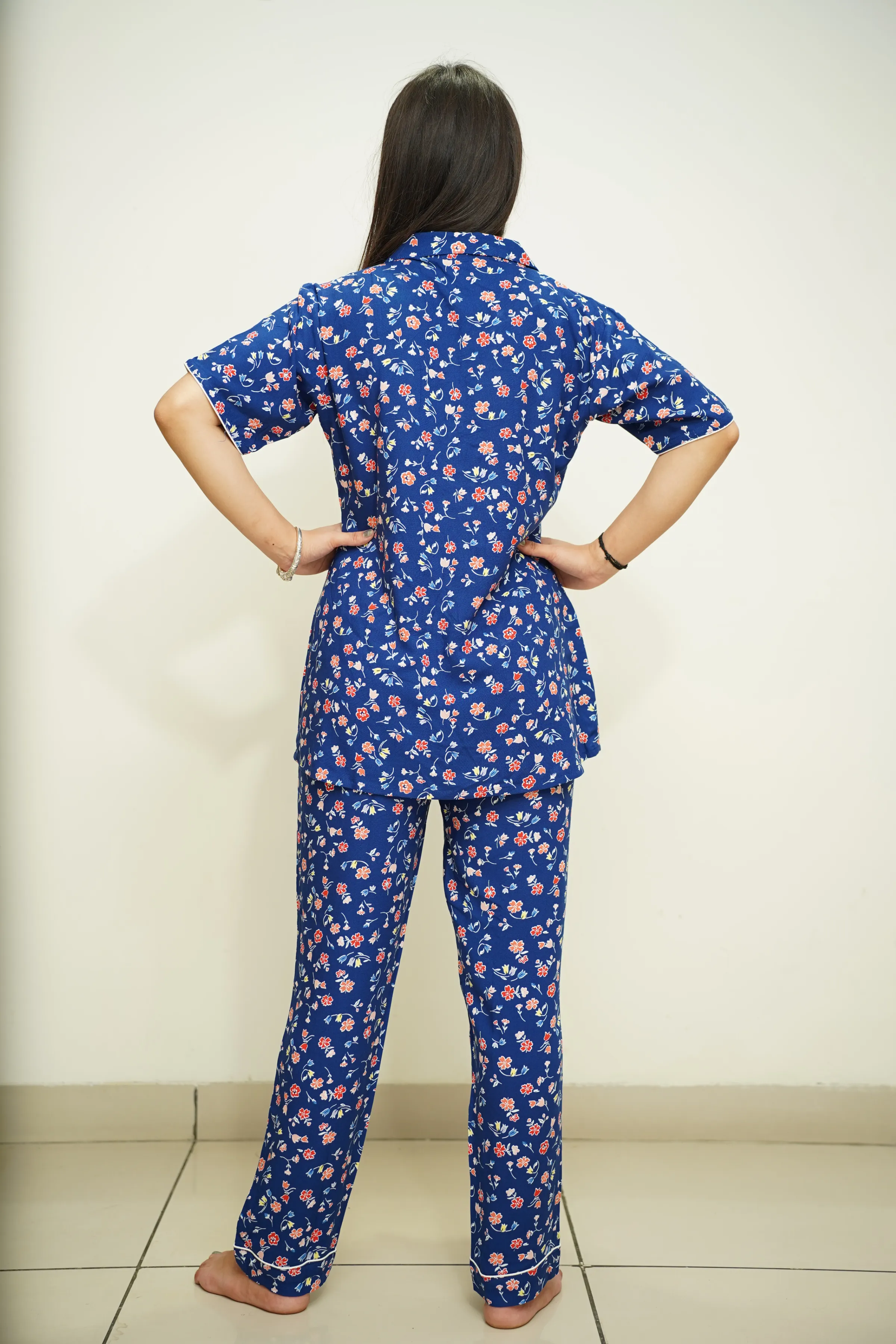 Blue Floral Rayon Night Suit