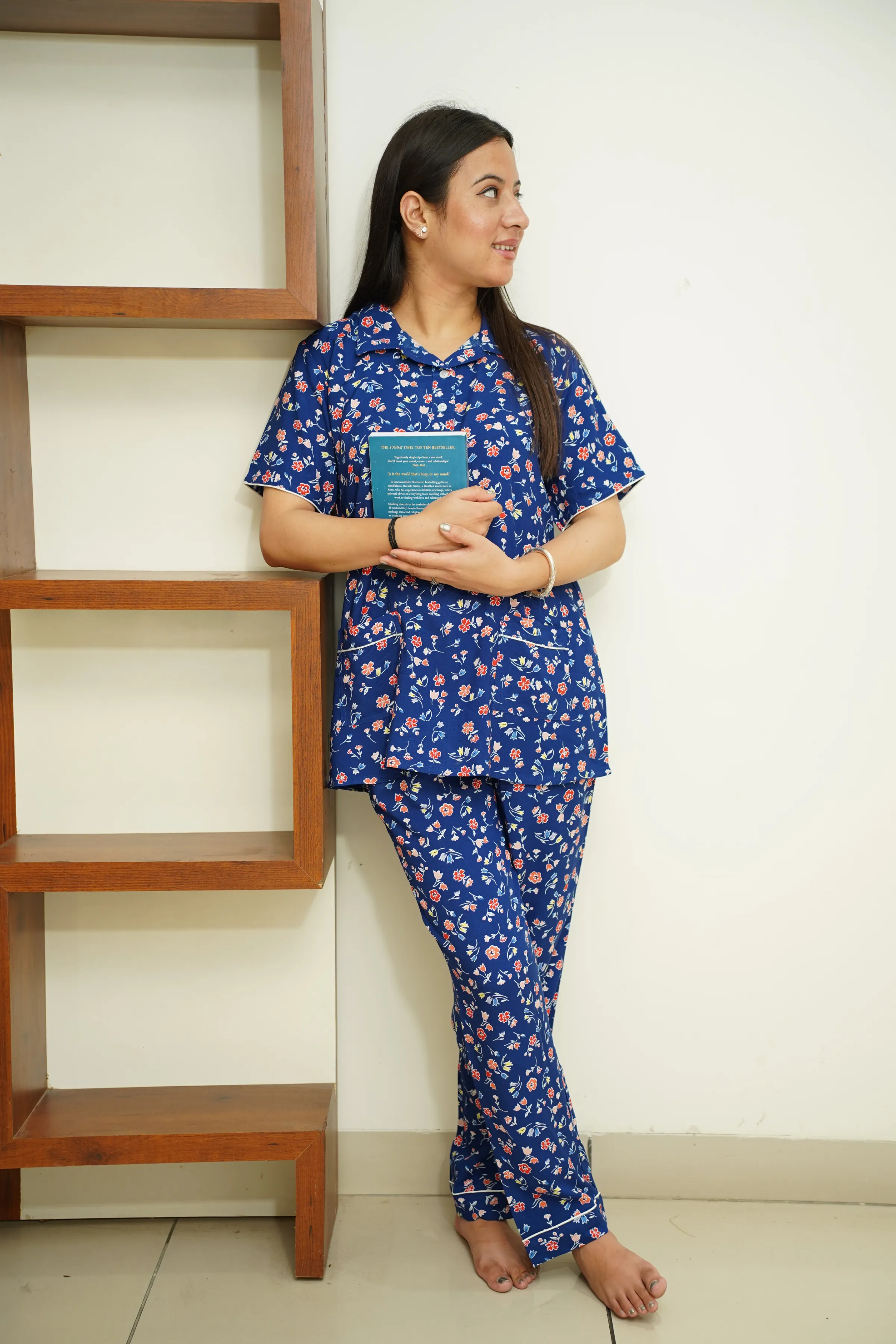 Blue Floral Rayon Night Suit