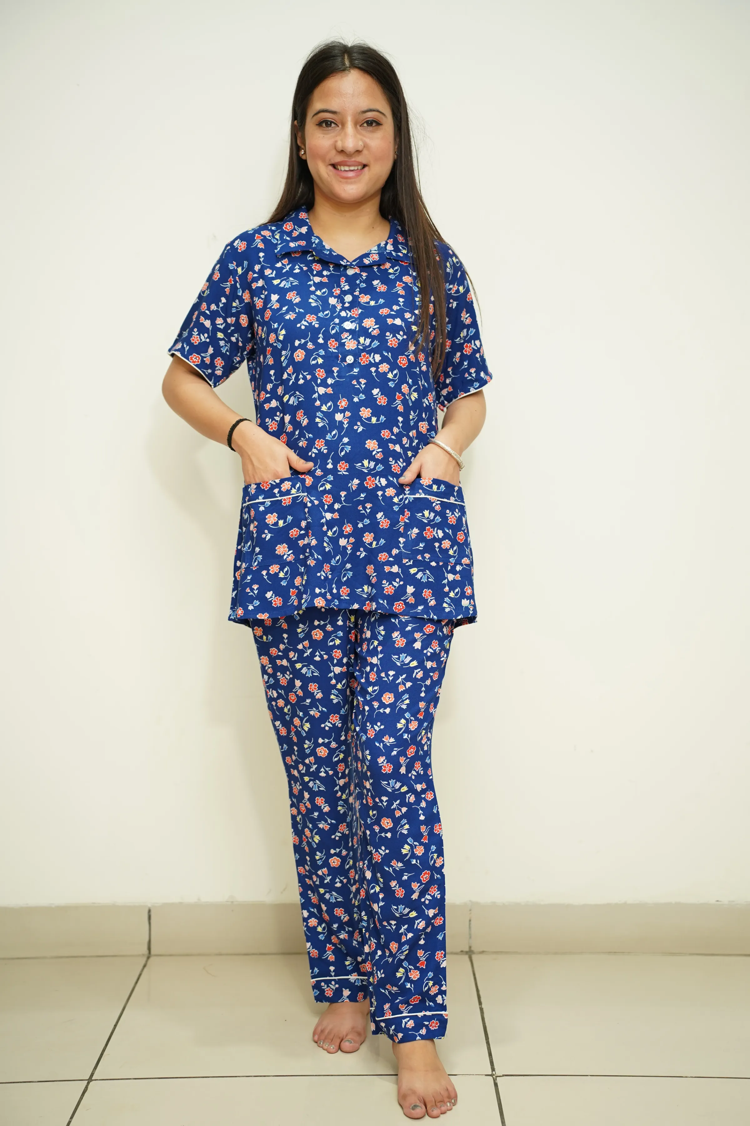 Blue Floral Rayon Night Suit