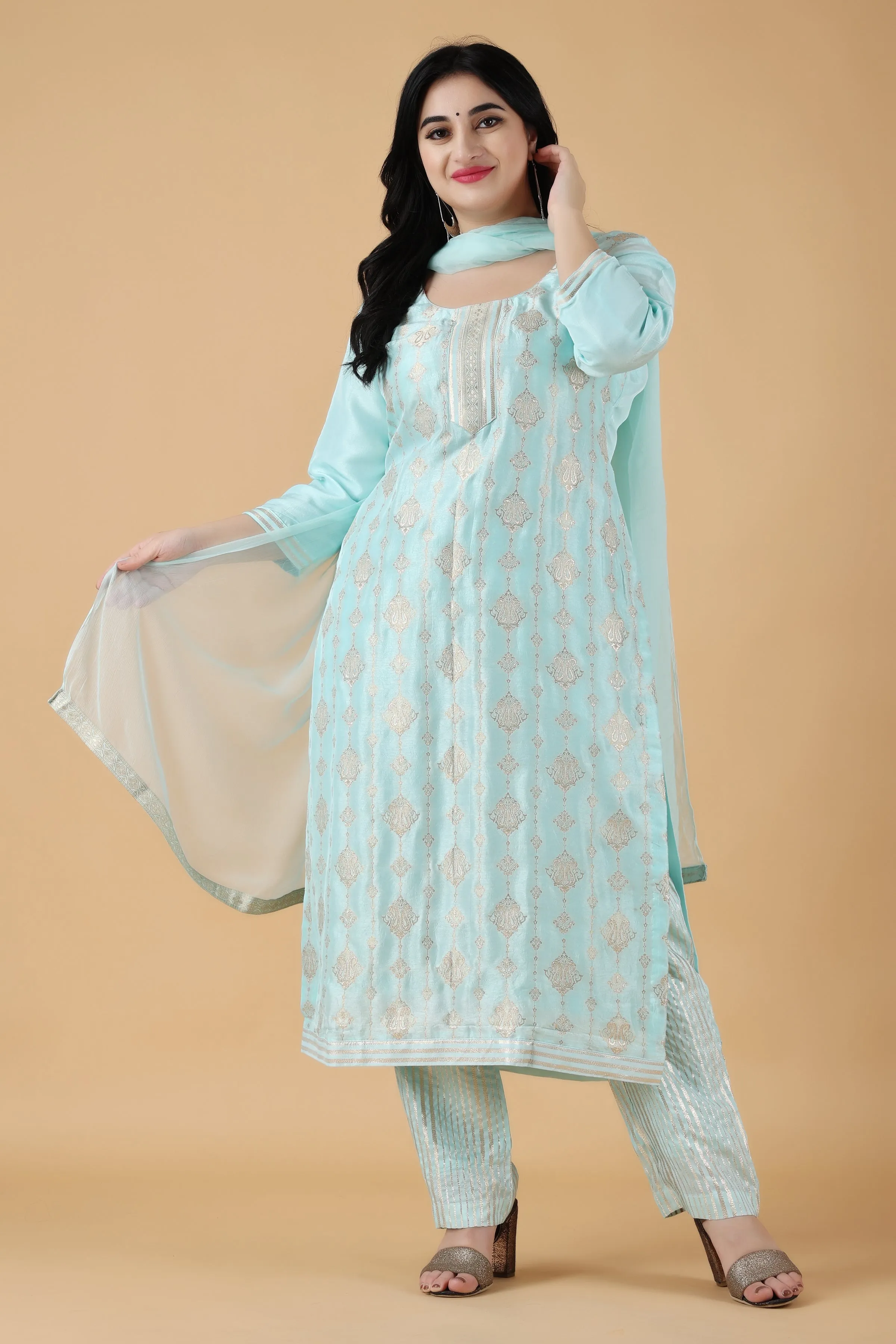 Blush Blue Jacquard Silk Suit