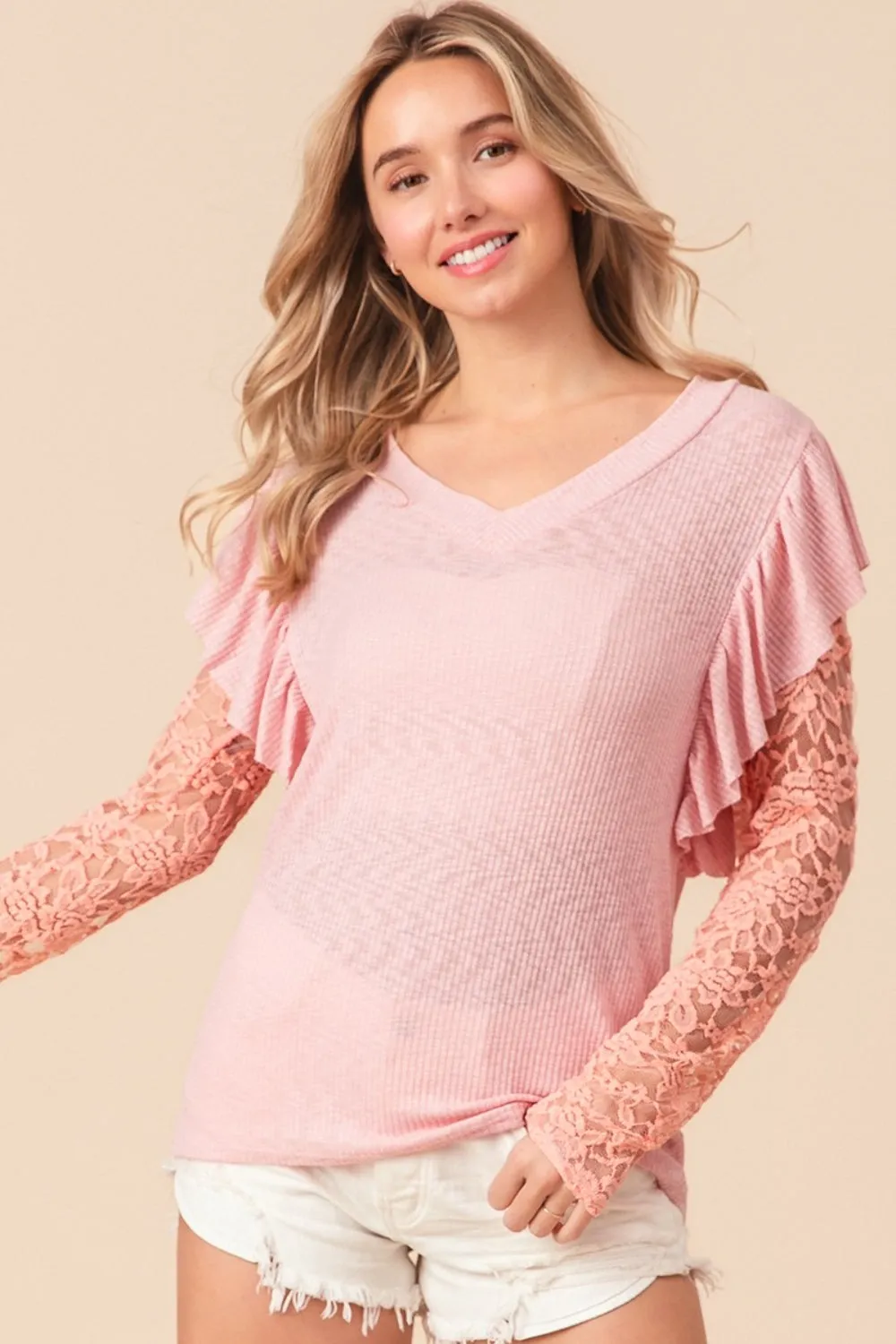 Blush Pink Ruffled Lace Sleeve Rib Knit Top