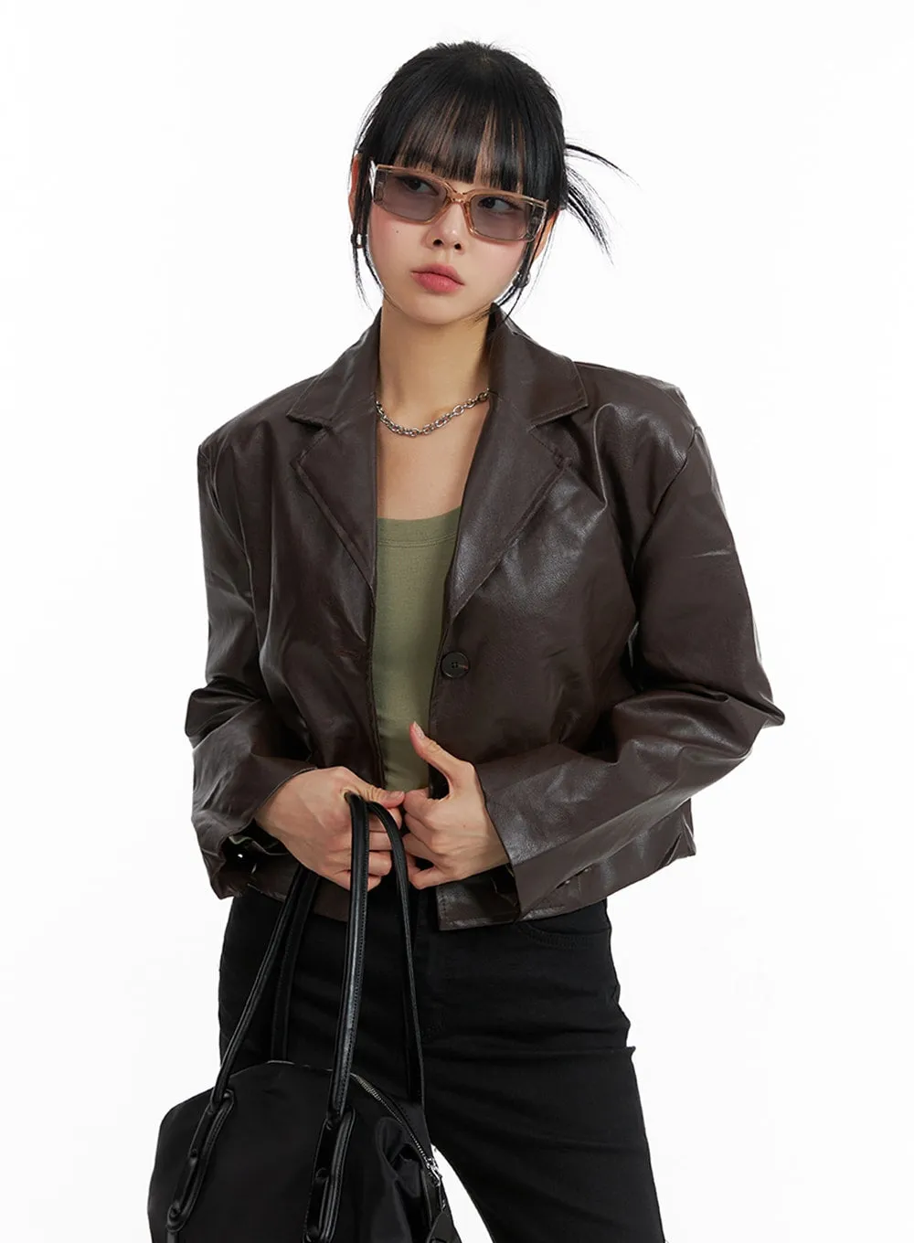 Buttoned Crop Faux Leather Jacket IF402