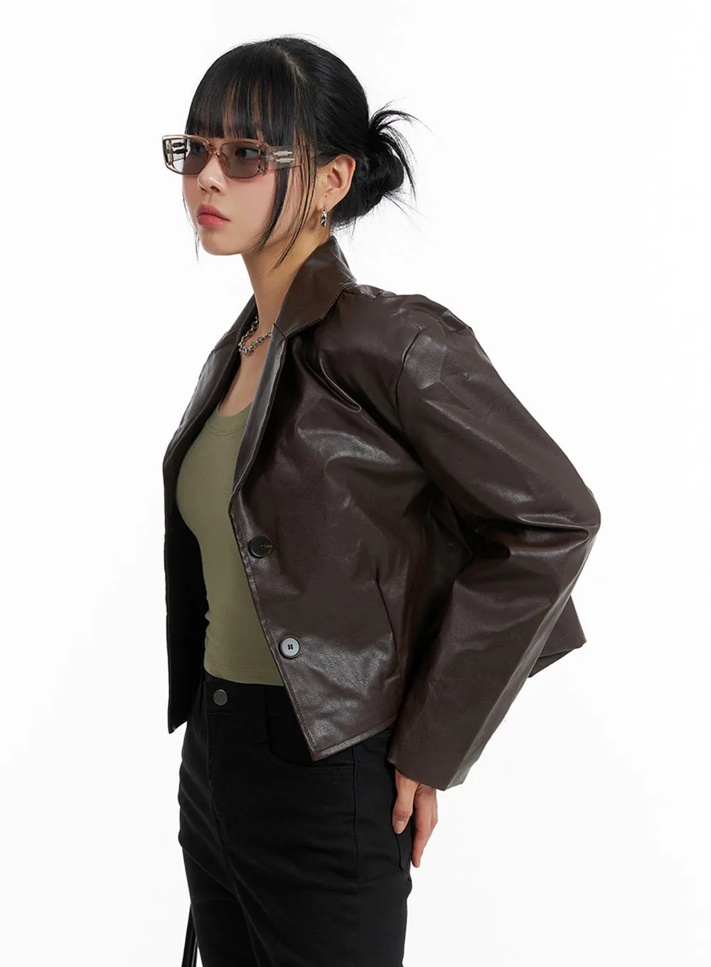 Buttoned Crop Faux Leather Jacket IF402