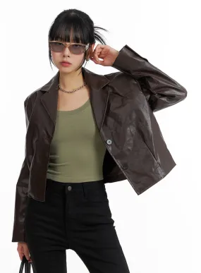 Buttoned Crop Faux Leather Jacket IF402