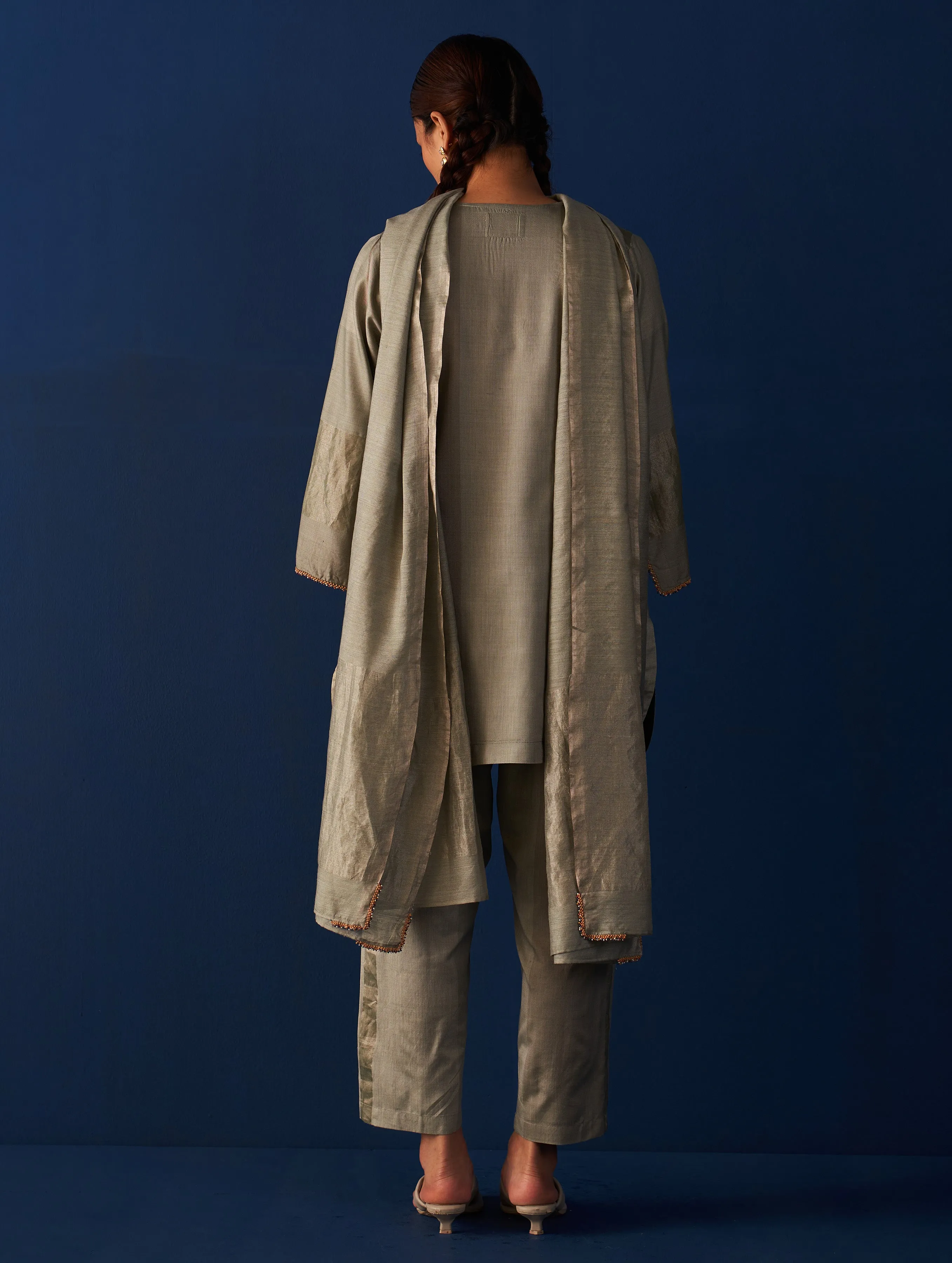 Chava Hand-Embroidered Kurta Set - Sage Grey