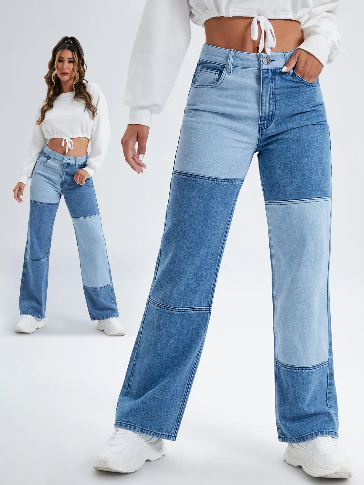 Colorblock Pocket Button Straight Leg Jeans