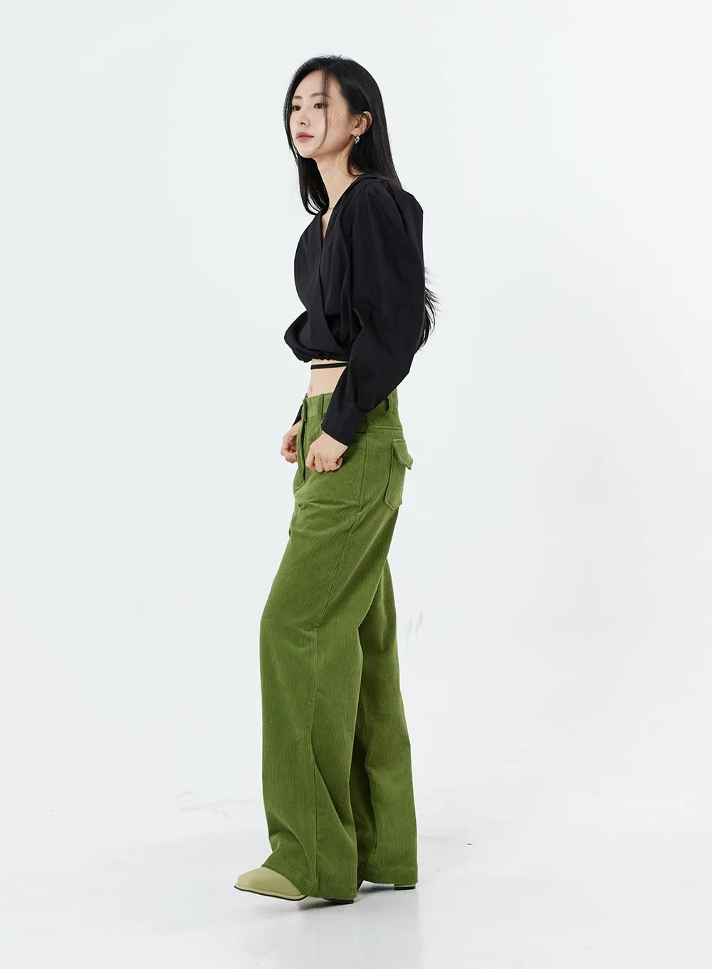 Corduroy Back Pocket Wide Leg Pants OS16