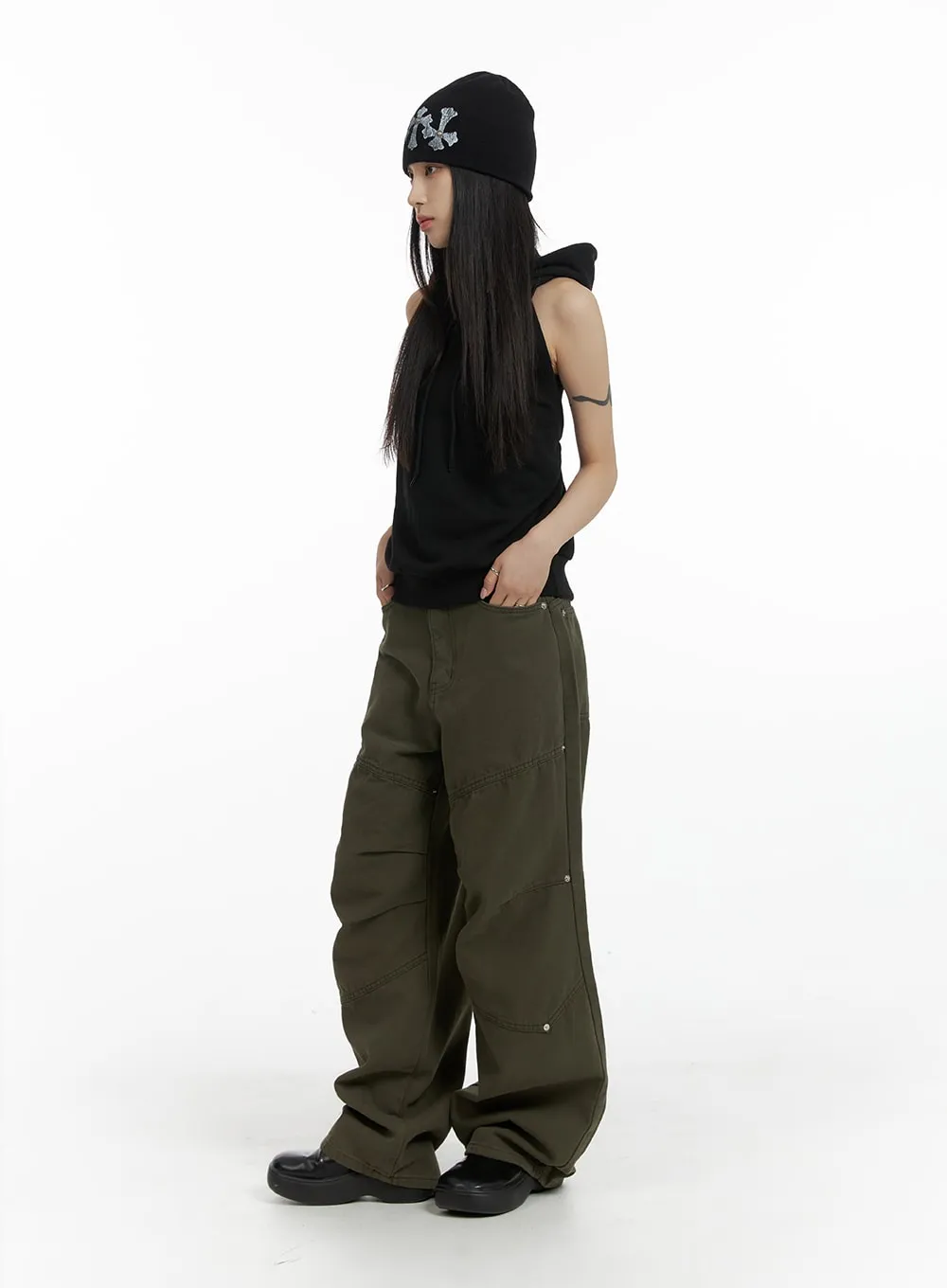 Dark Grunge Pintuck Stud Wide Leg Pants CF428