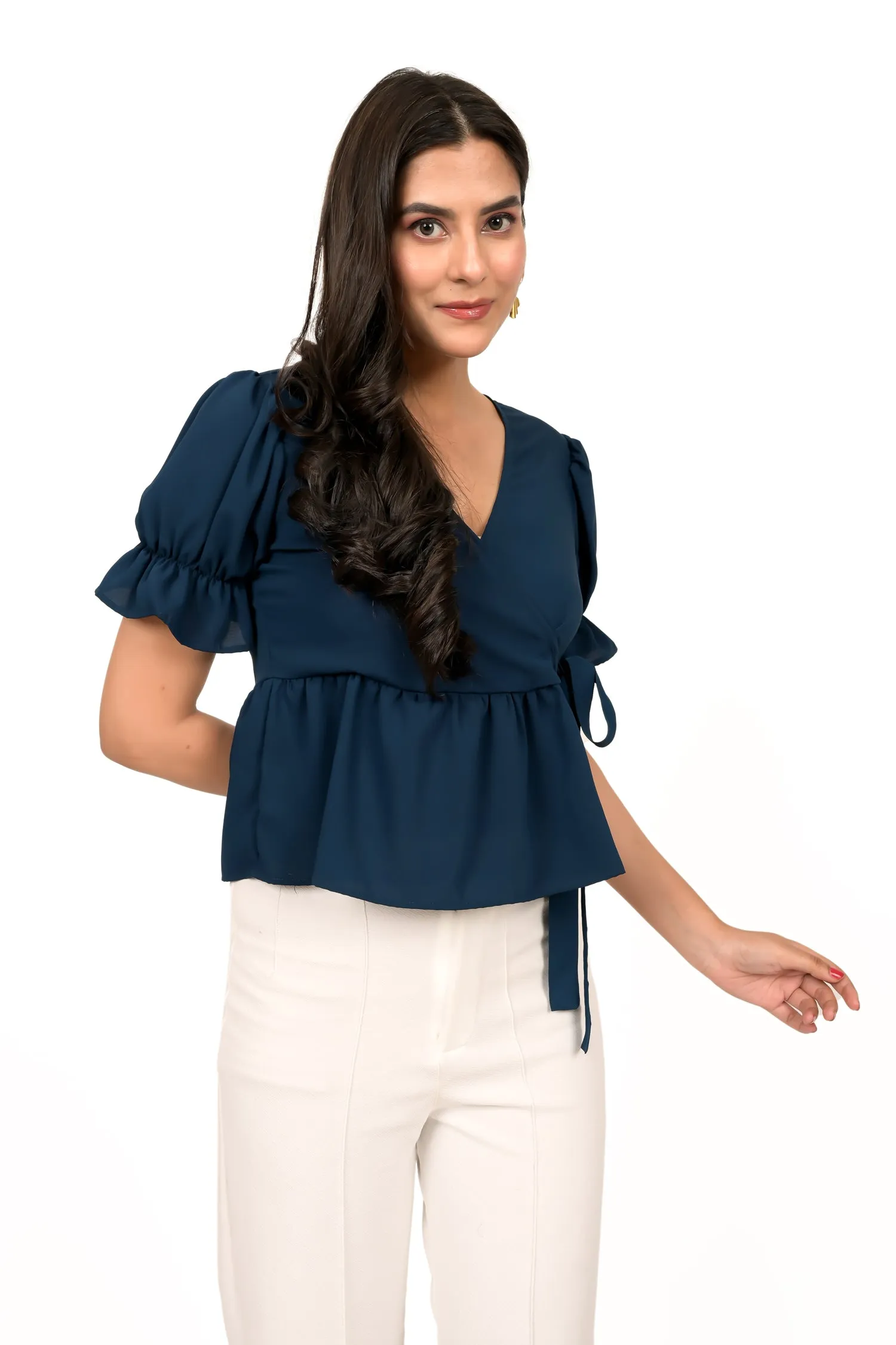 Deep Blue Wraparound Bow Top