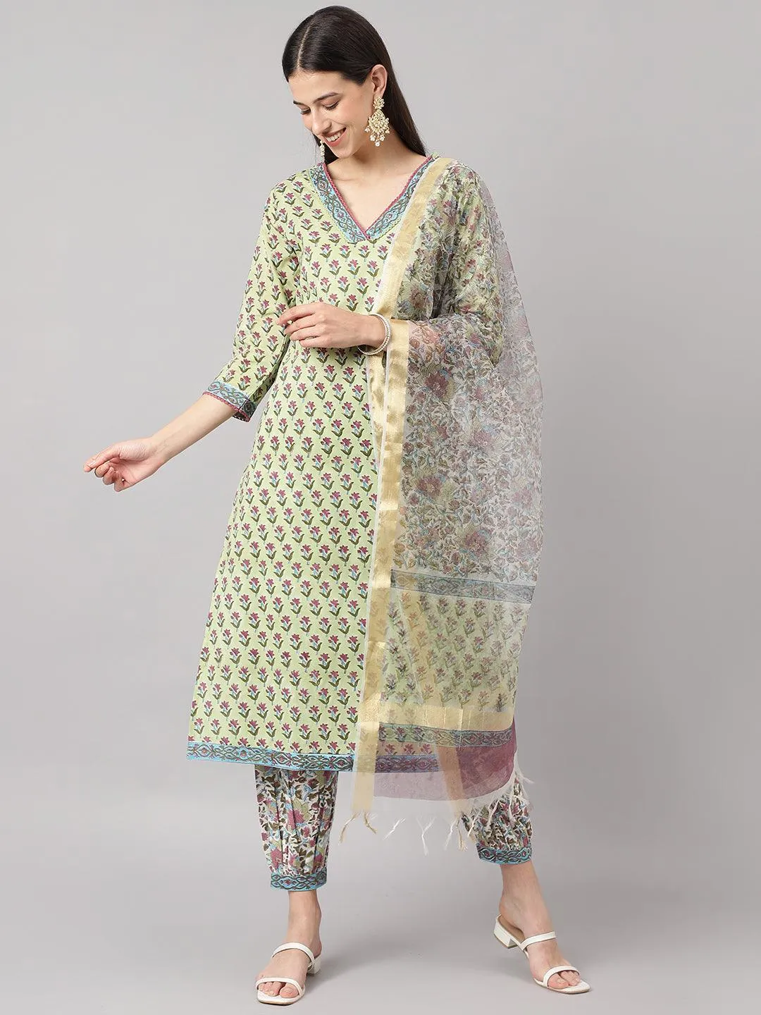 Divena Green and white Cotton Hand Block Printed Kurta Pant set with Dupatta