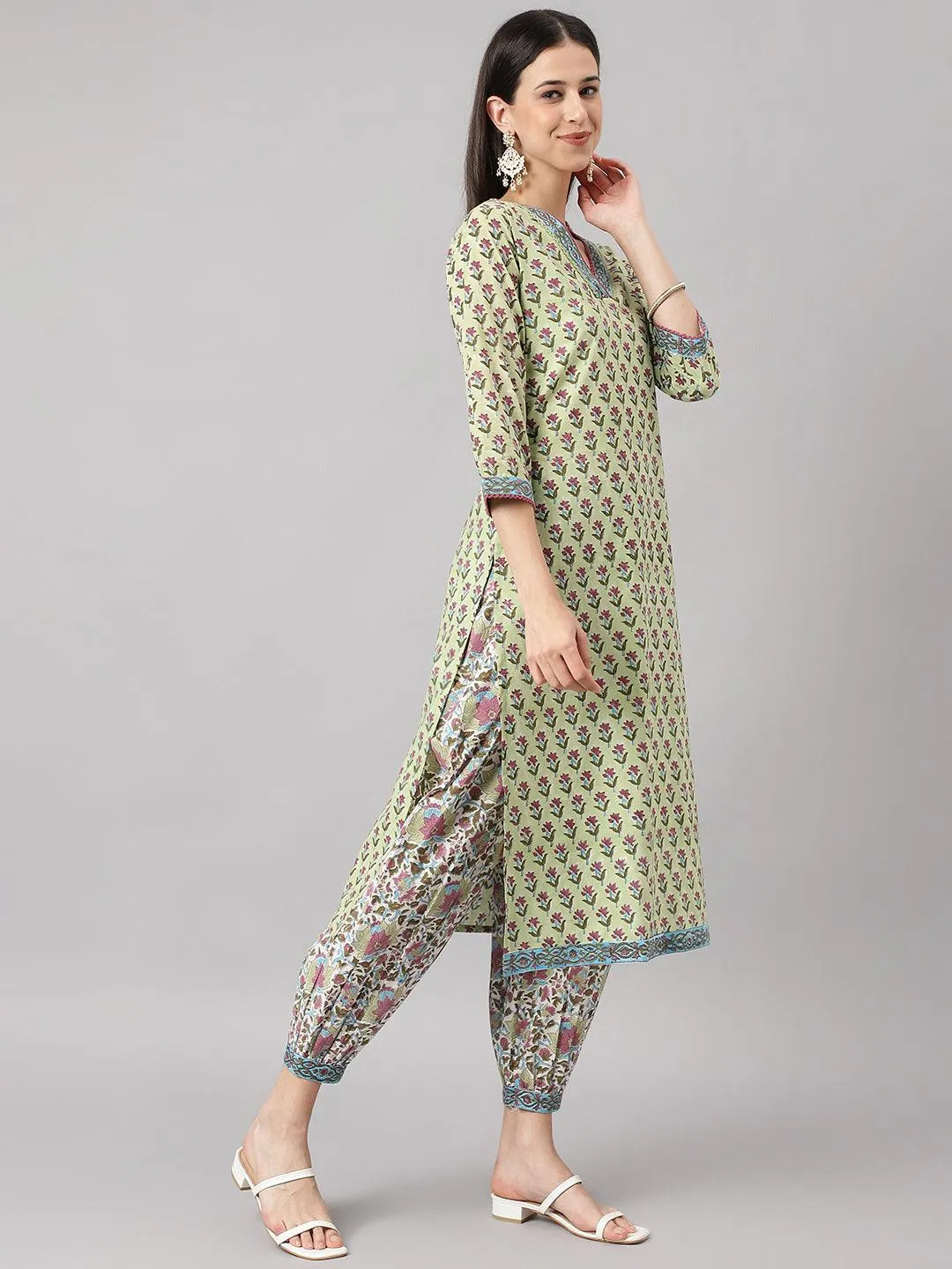 Divena Green and white Cotton Hand Block Printed Kurta Pant set with Dupatta