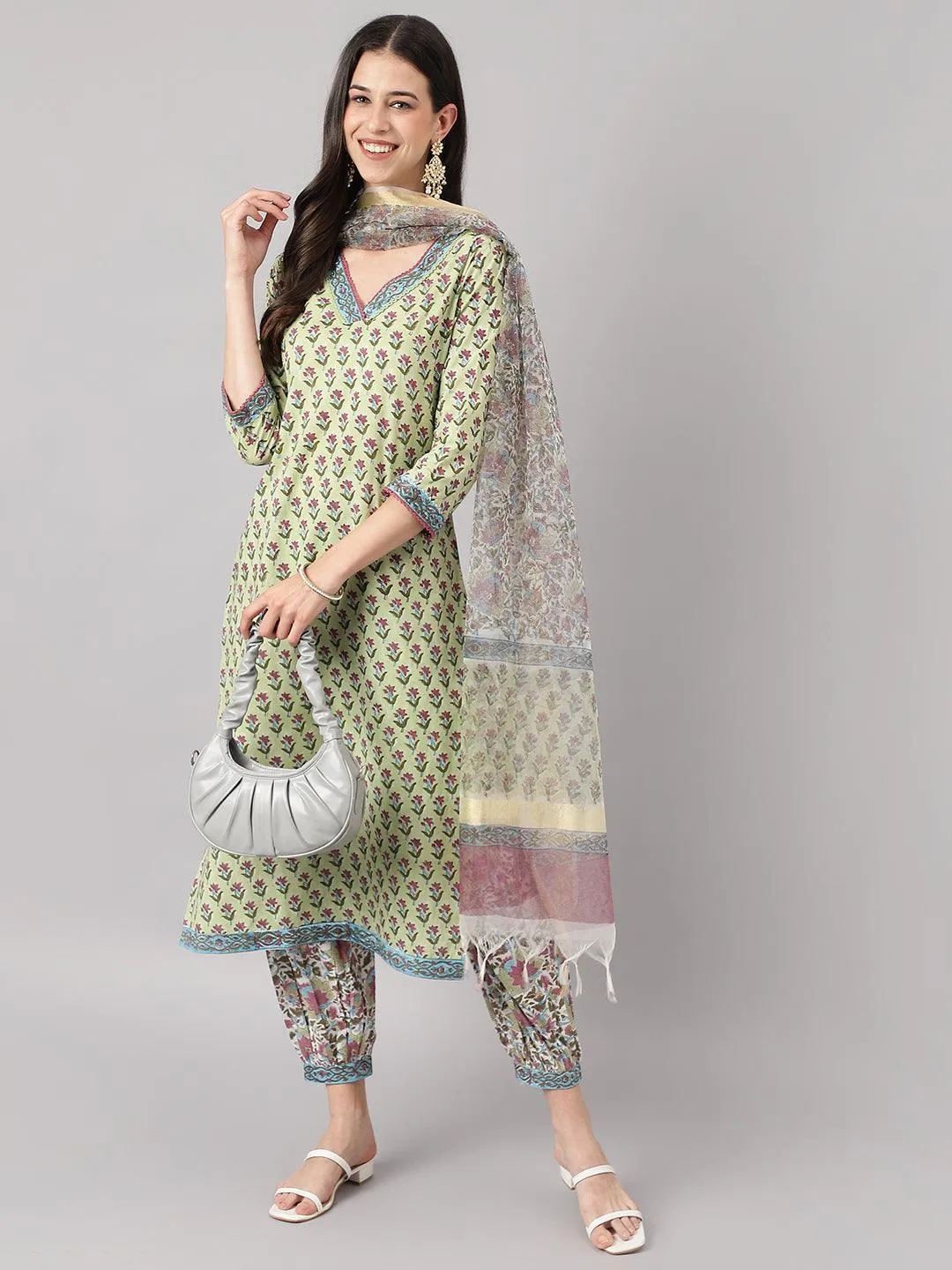 Divena Green and white Cotton Hand Block Printed Kurta Pant set with Dupatta