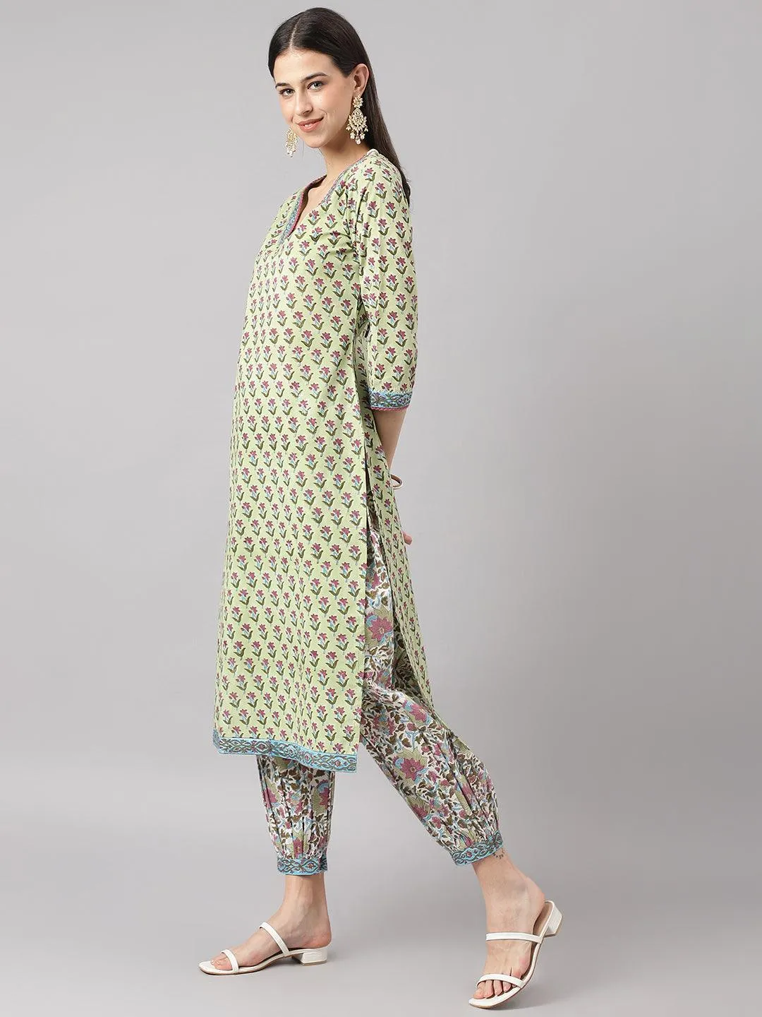 Divena Green and white Cotton Hand Block Printed Kurta Pant set with Dupatta