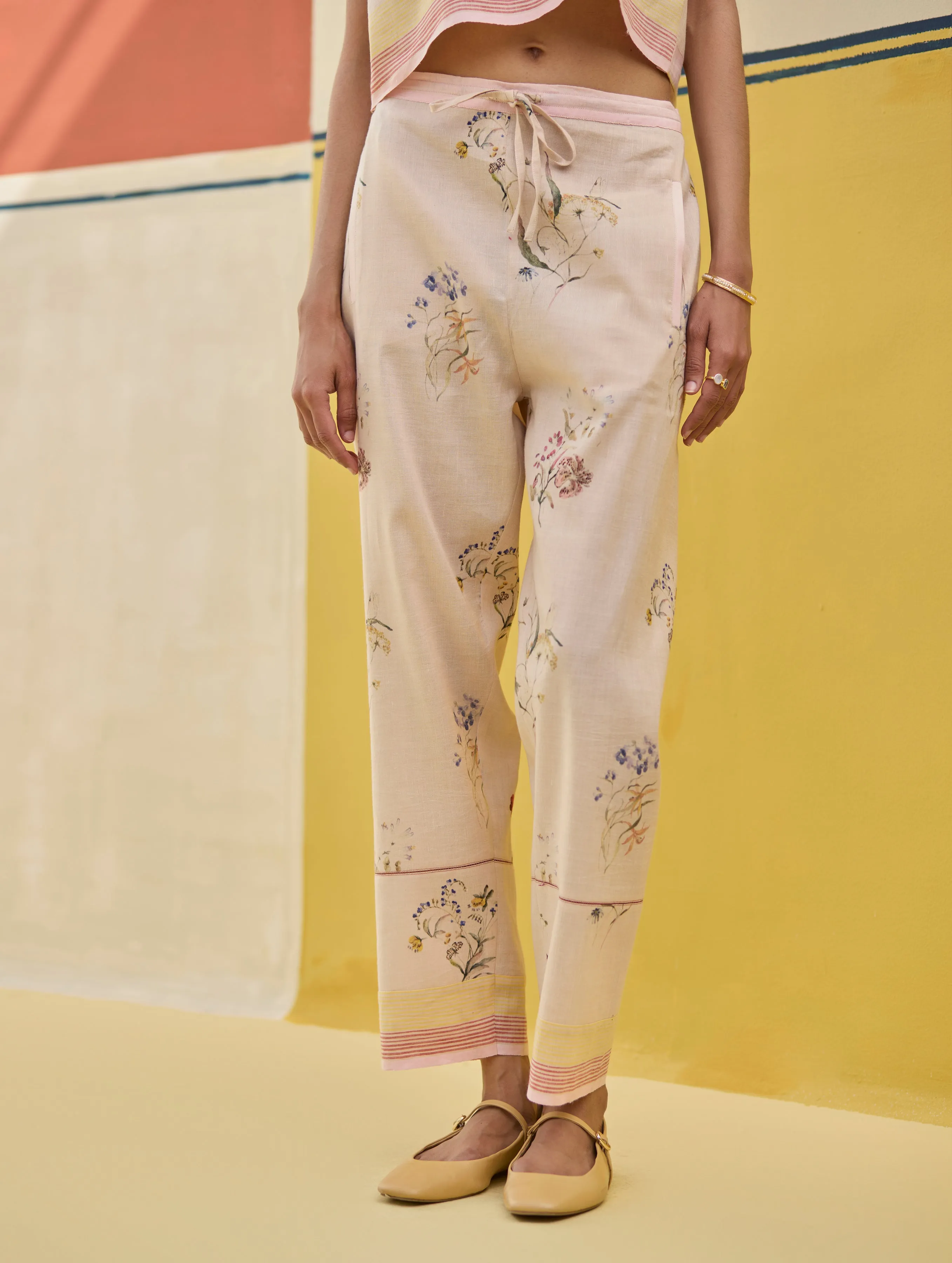 Ema Watercolour Floral Linen Pant - Sand