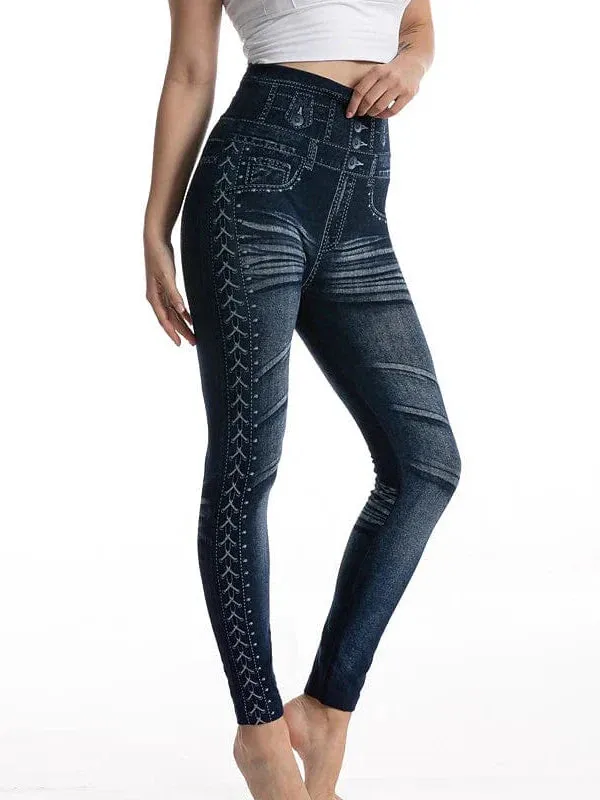 Faux Denim Stretchy High Waist Tights Pants for Women