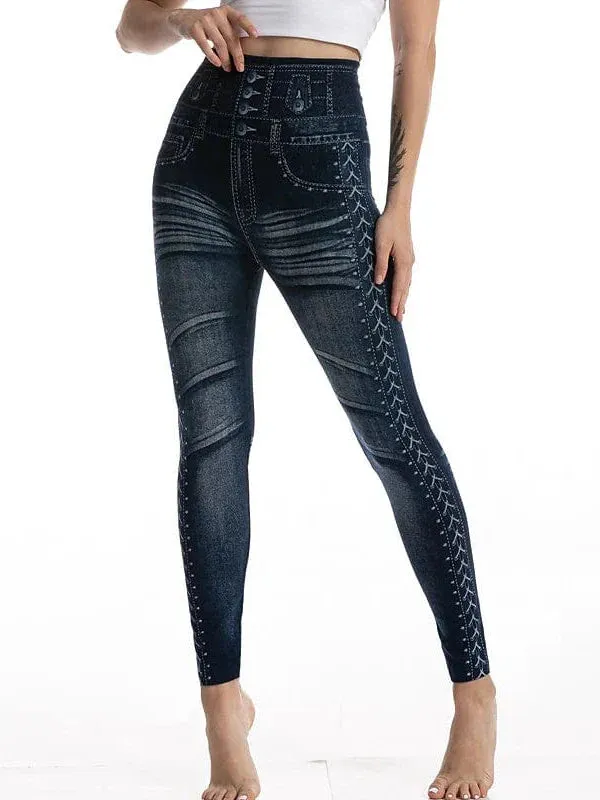 Faux Denim Stretchy High Waist Tights Pants for Women