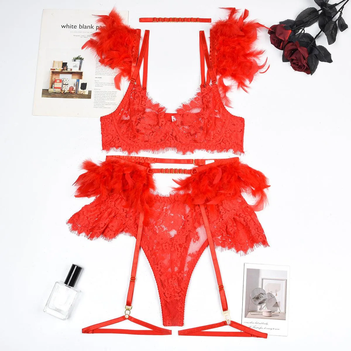 Feather Sexy Lingerie Lace Women Underwear Bra Panty