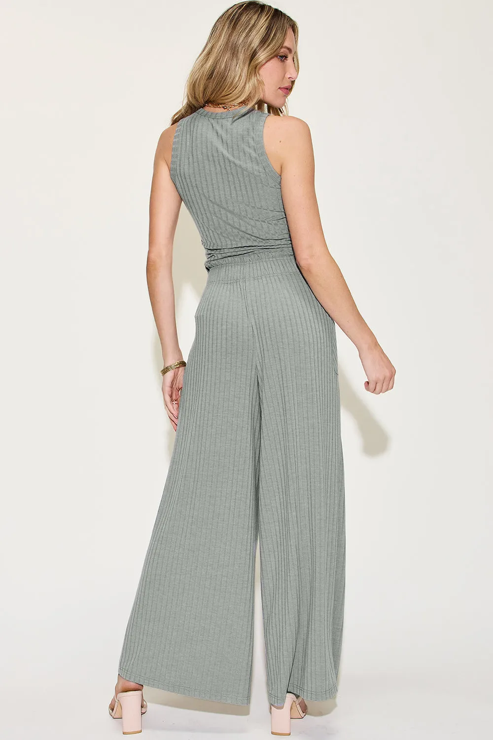 Full Size Ribbed Tank and Wide Leg Pants Set