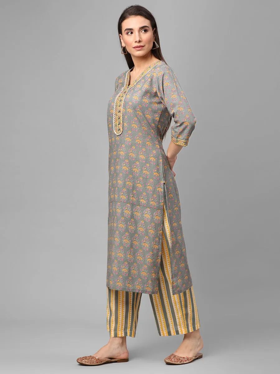 Grey Floral Printed Kurta Comfort Pant Dupatta