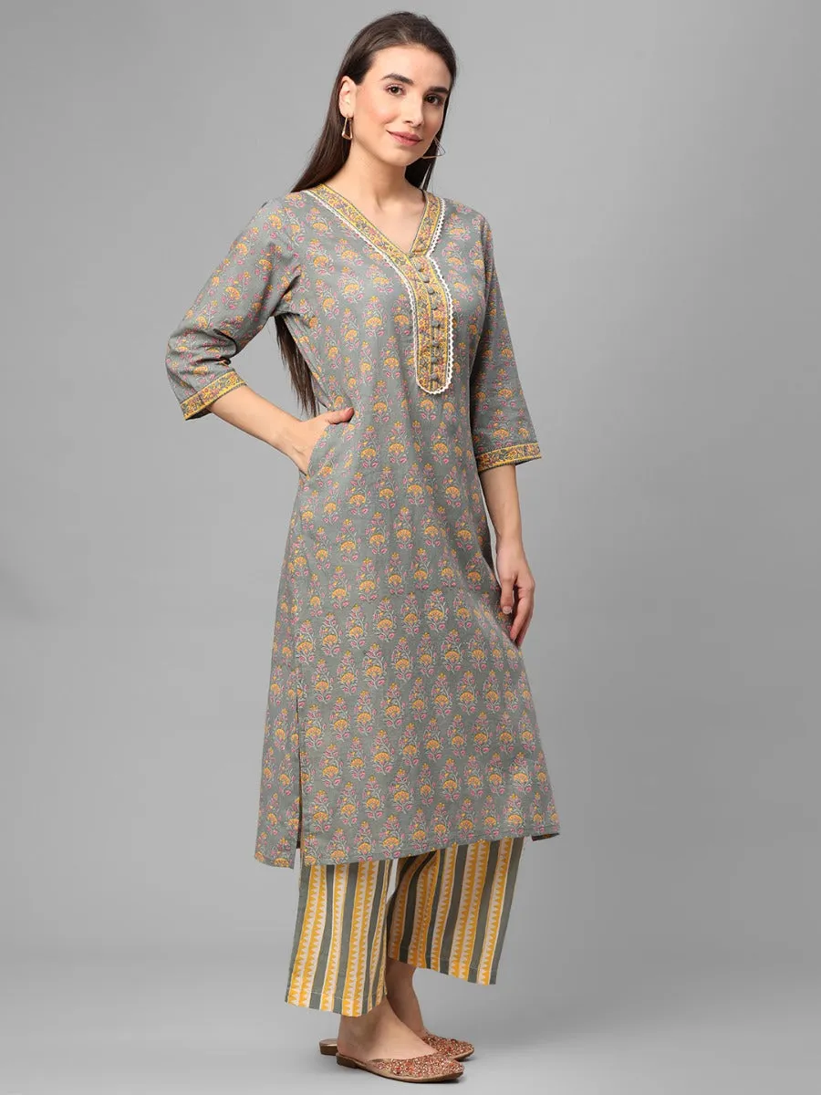 Grey Floral Printed Kurta Comfort Pant Dupatta