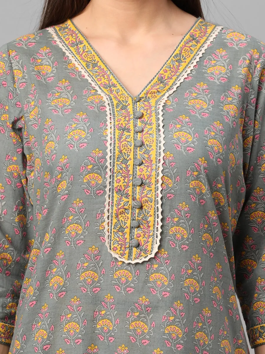 Grey Floral Printed Kurta Comfort Pant Dupatta