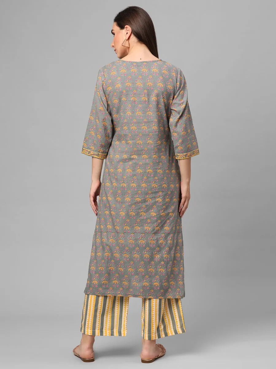 Grey Floral Printed Kurta Comfort Pant Dupatta