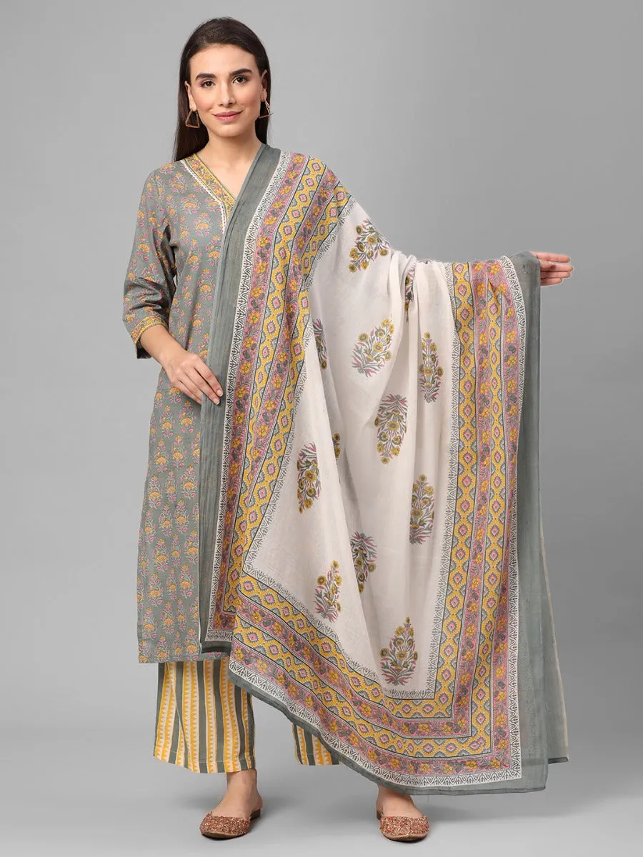 Grey Floral Printed Kurta Comfort Pant Dupatta