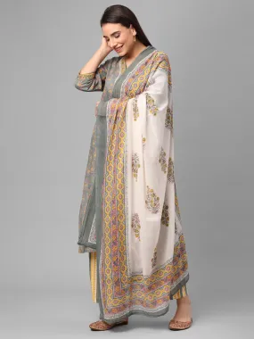 Grey Floral Printed Kurta Comfort Pant Dupatta