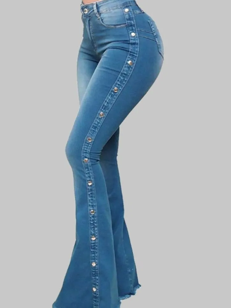 High Waist Women Jeans Casual Retro Side Metal Button Design Denim