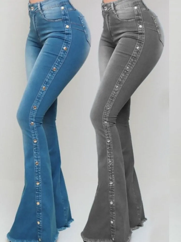 High Waist Women Jeans Casual Retro Side Metal Button Design Denim