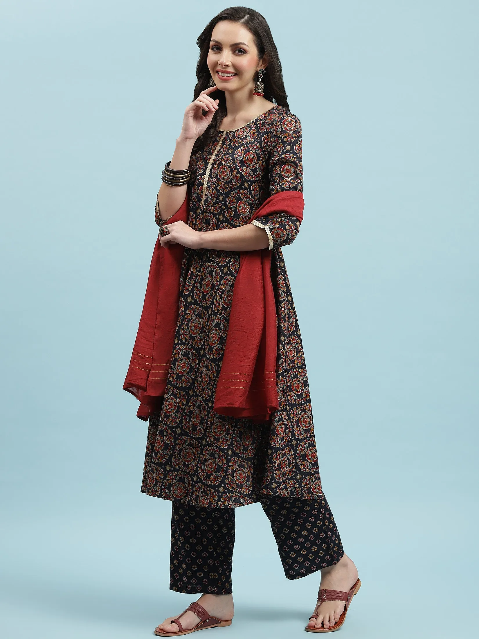 Indiessence Blue Floral Printed Kurta Comfort Pant With Dupatta