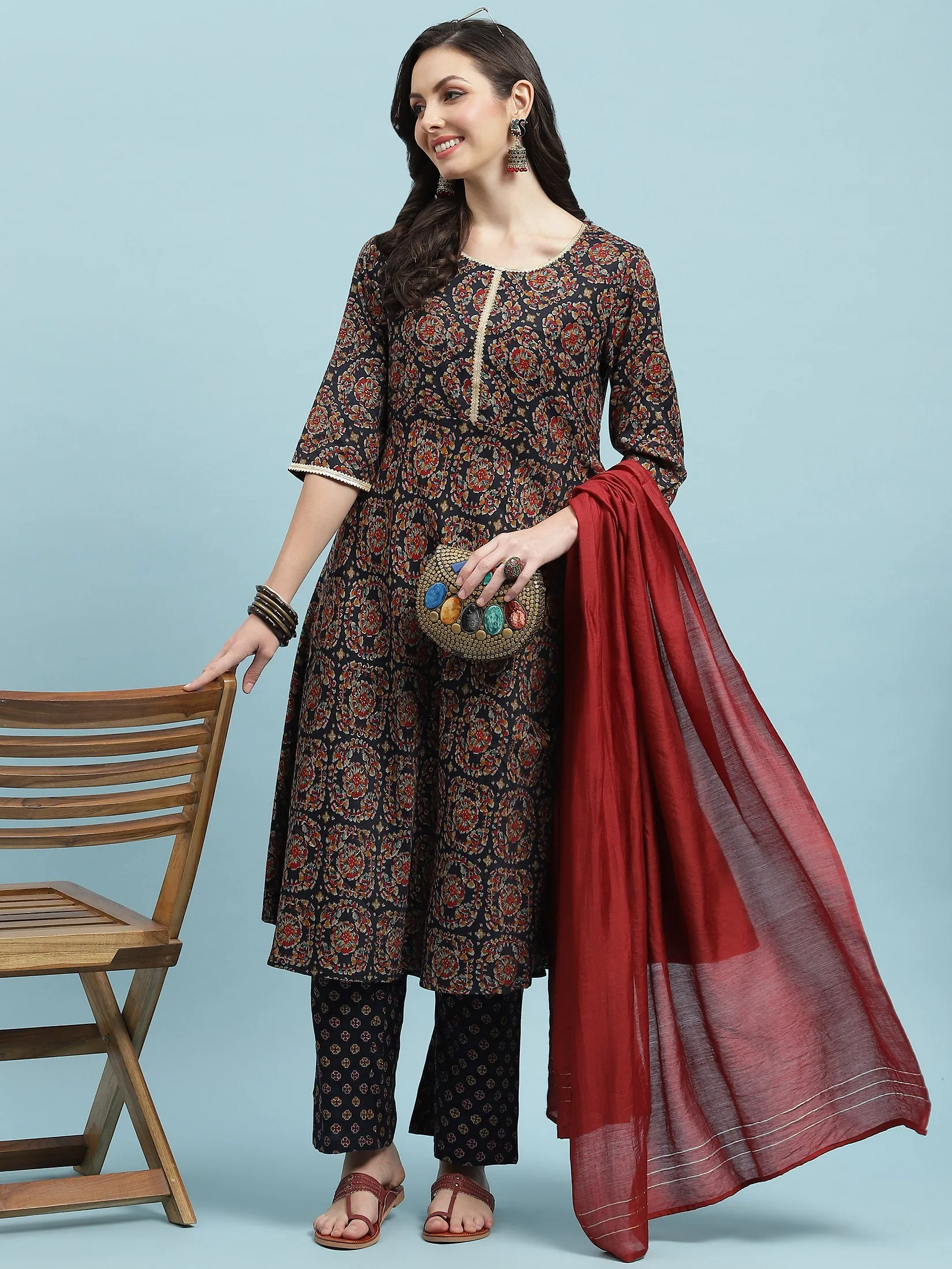 Indiessence Blue Floral Printed Kurta Comfort Pant With Dupatta