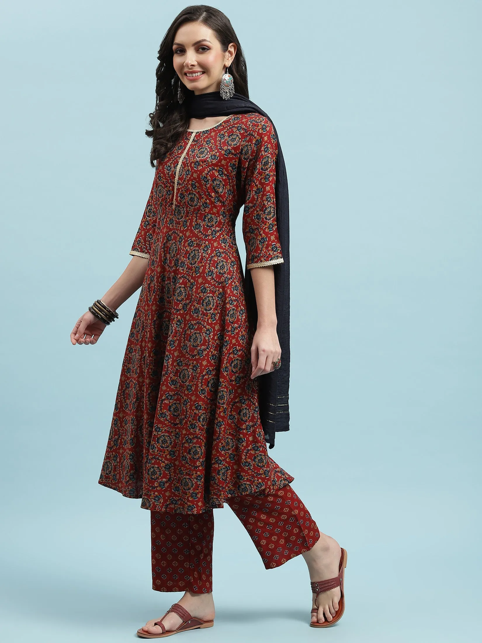 Indiessence Red Floral Printed Kurta Comfort Pant Dupatta