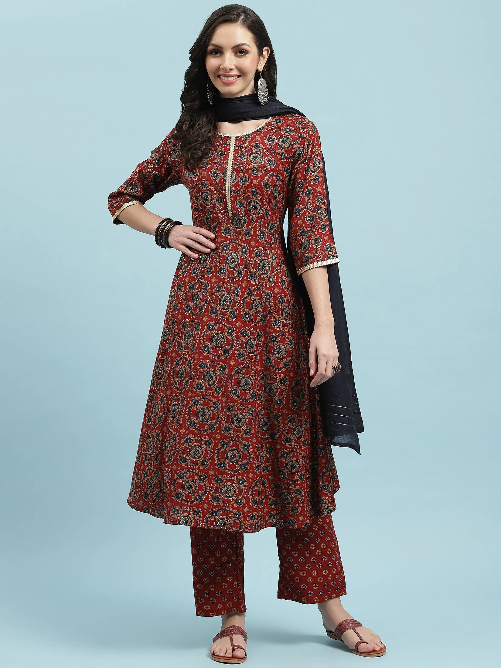 Indiessence Red Floral Printed Kurta Comfort Pant Dupatta