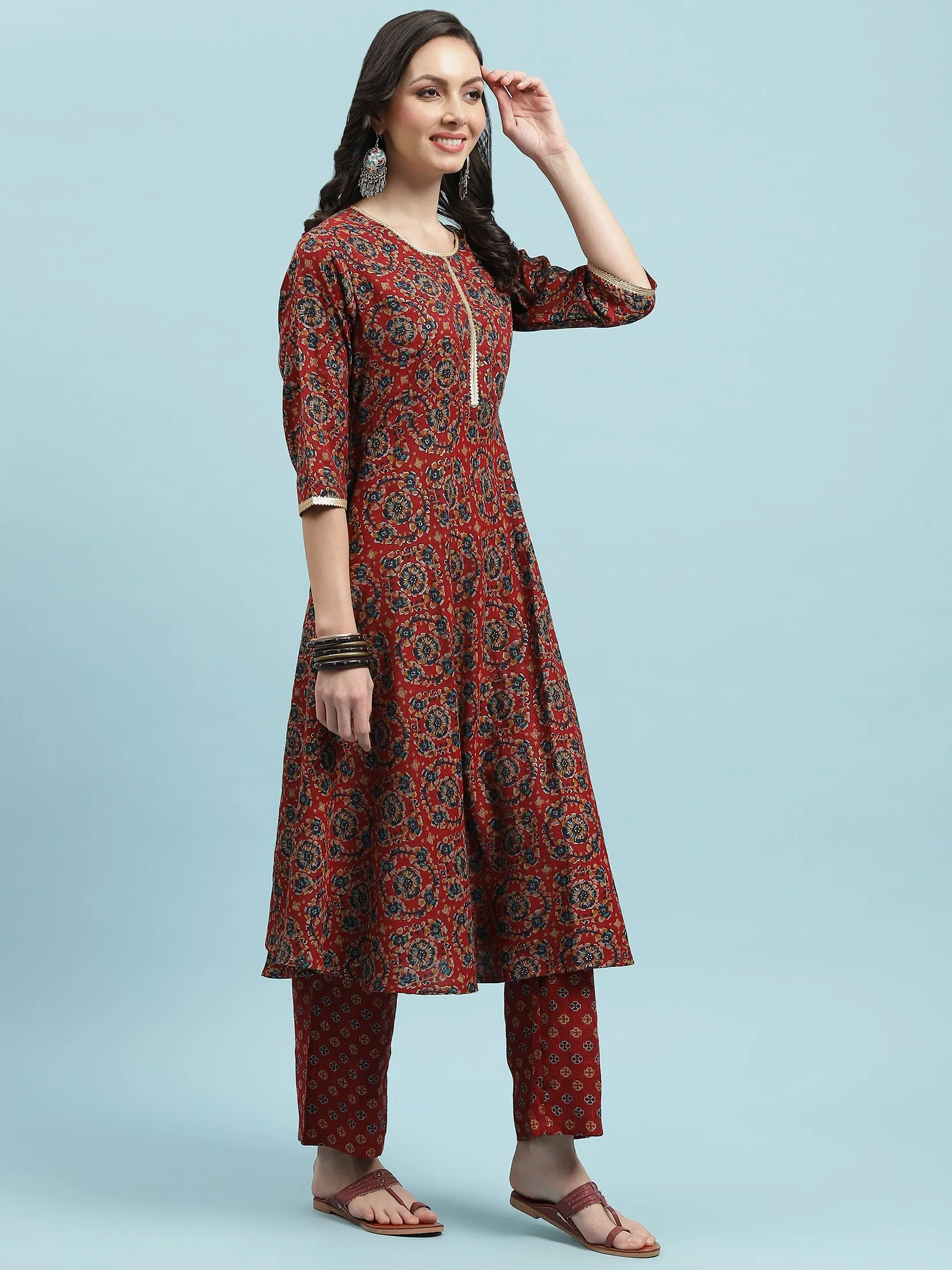 Indiessence Red Floral Printed Kurta Comfort Pant Dupatta