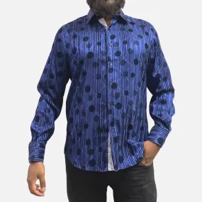 Men's Slim Fit Blue Button-Up Shirt with Black Dot and Stripe Flocking Designer