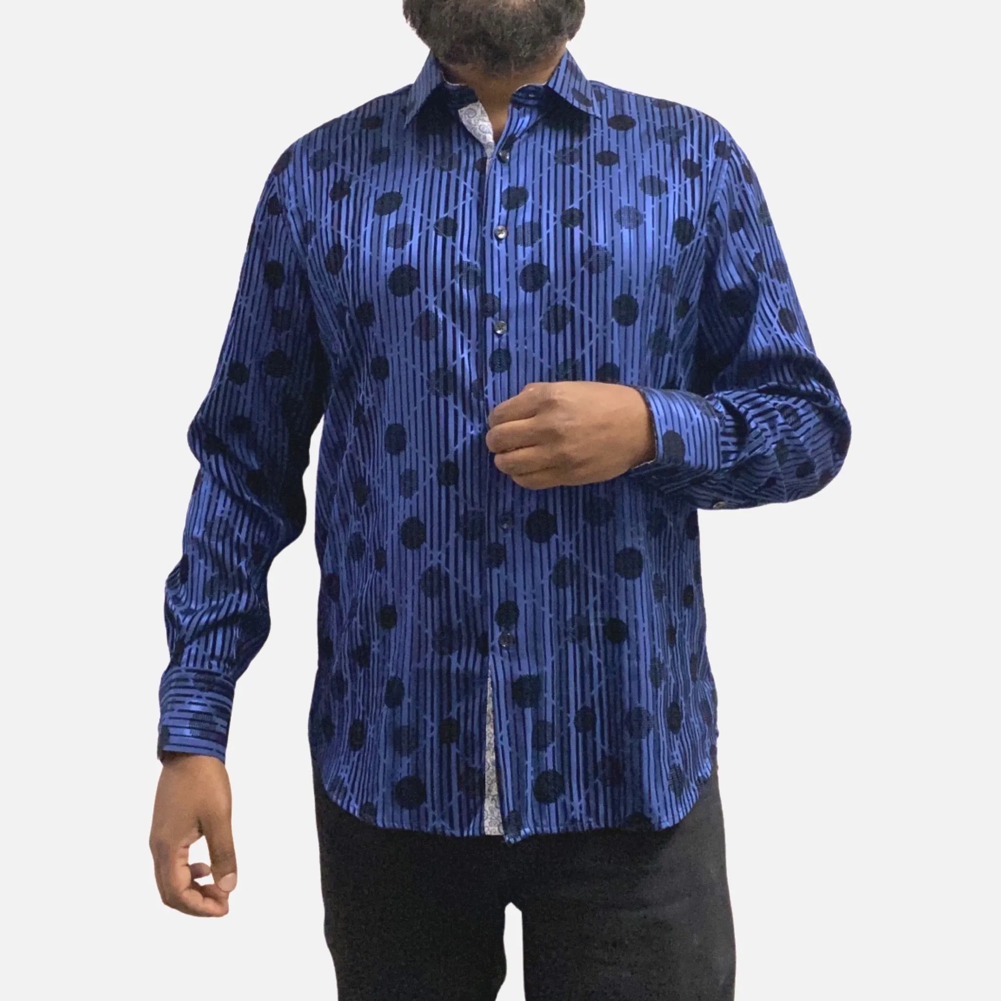 Men's Slim Fit Blue Button-Up Shirt with Black Dot and Stripe Flocking Designer