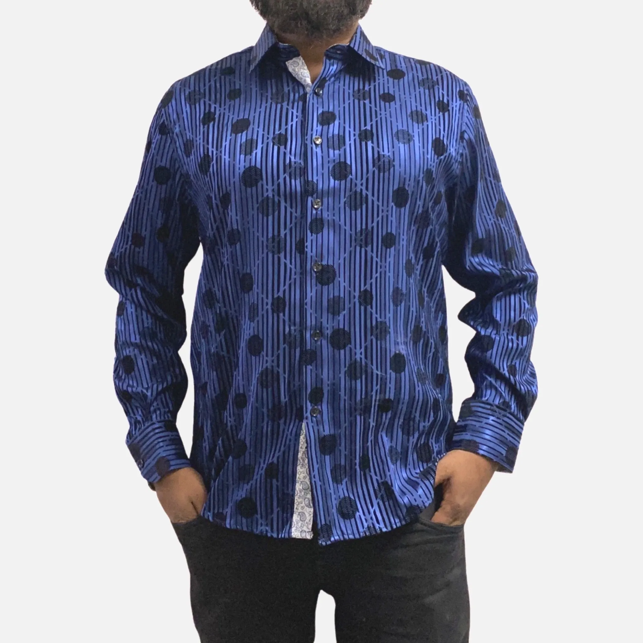 Men's Slim Fit Blue Button-Up Shirt with Black Dot and Stripe Flocking Designer