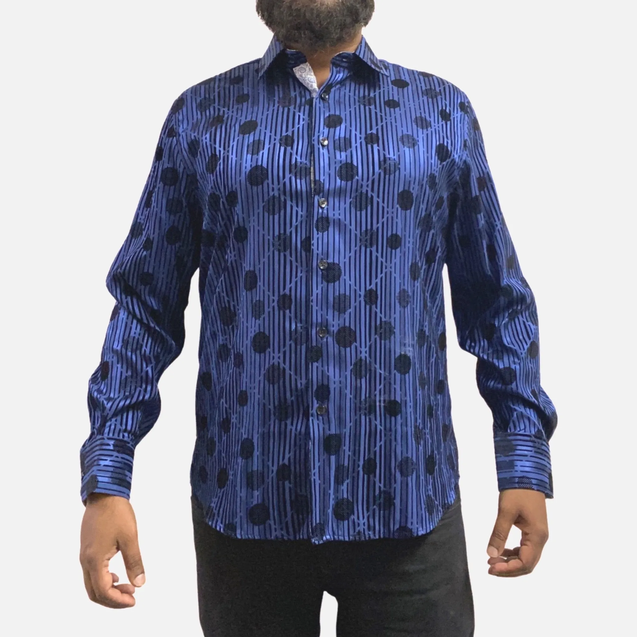 Men's Slim Fit Blue Button-Up Shirt with Black Dot and Stripe Flocking Designer