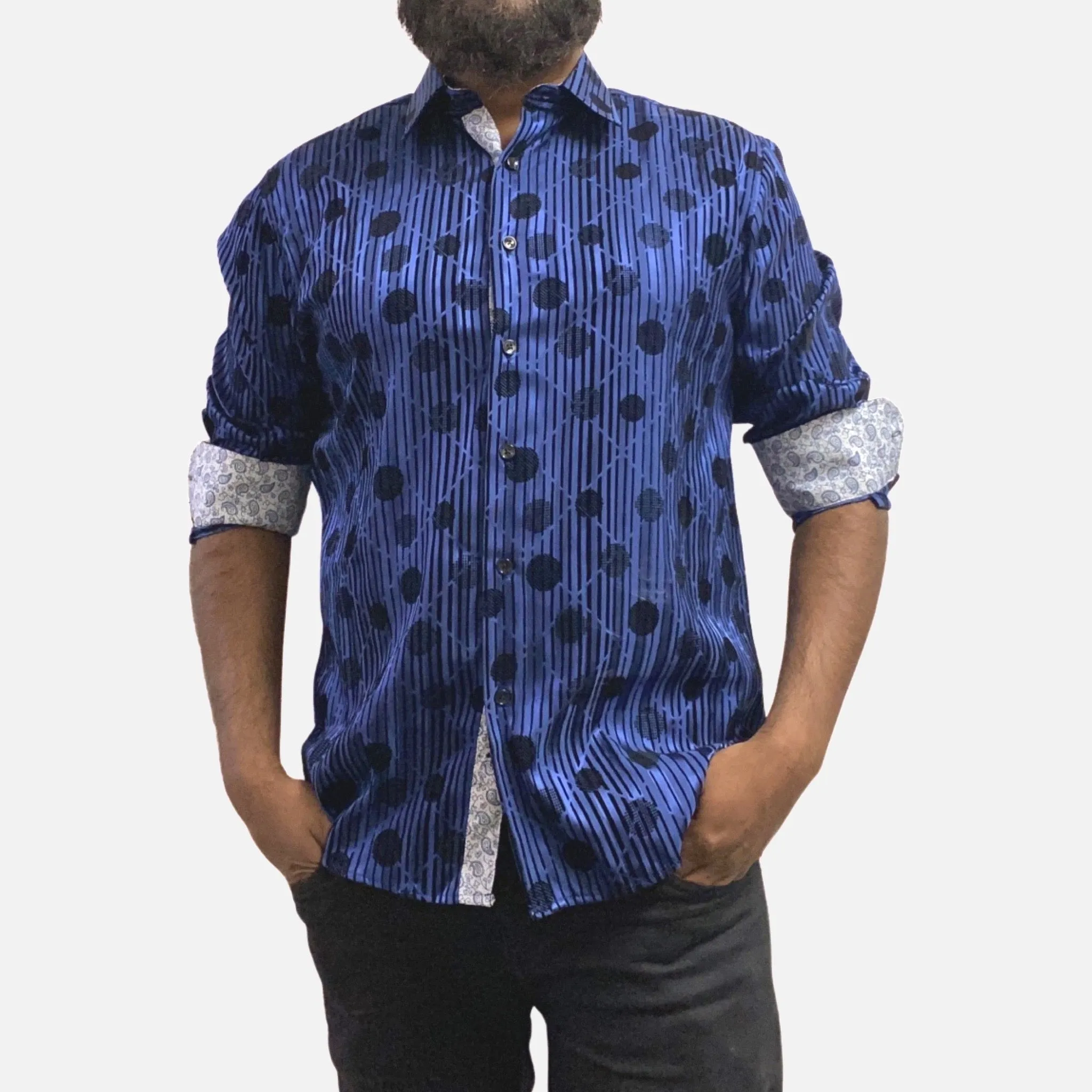 Men's Slim Fit Blue Button-Up Shirt with Black Dot and Stripe Flocking Designer