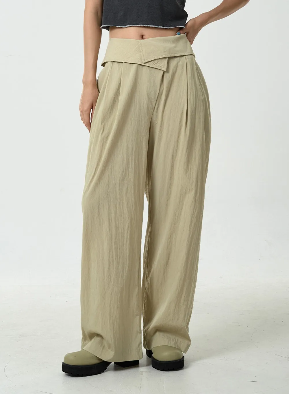 Pin-tuck Nylon Wide Leg Pants CU13