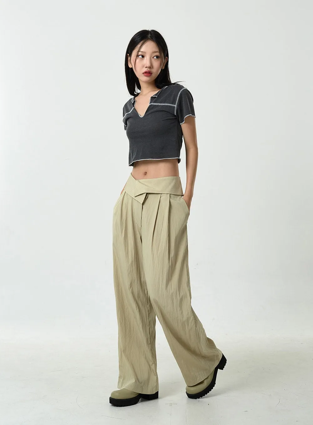 Pin-tuck Nylon Wide Leg Pants CU13