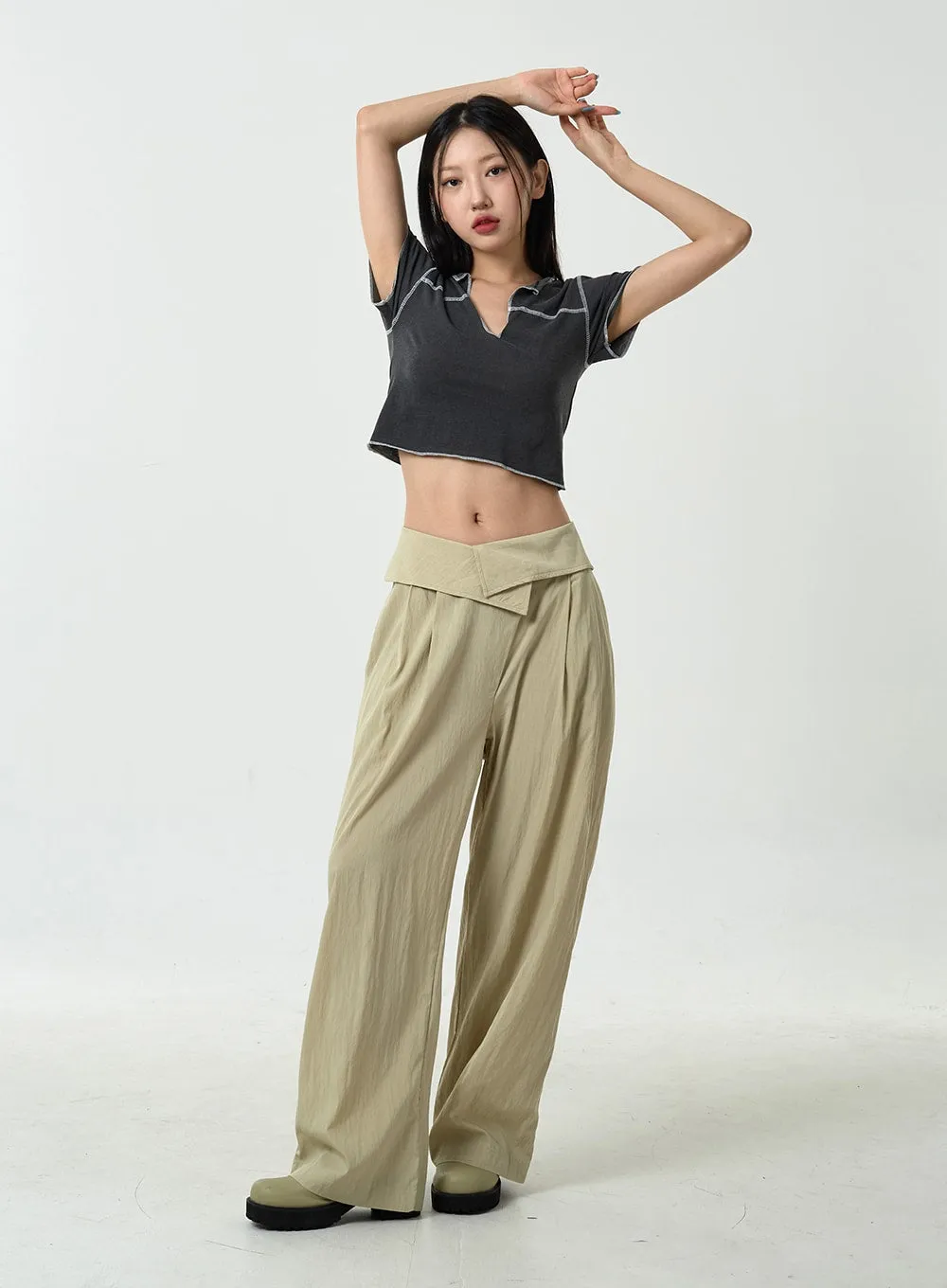 Pin-tuck Nylon Wide Leg Pants CU13