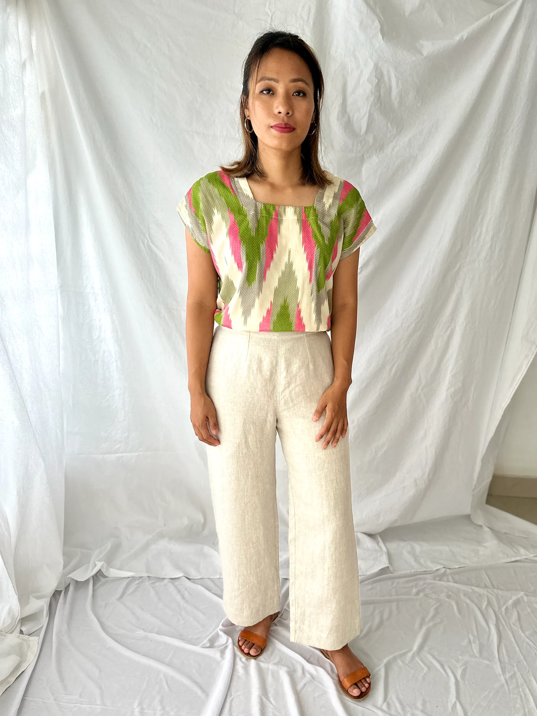 Pink & Green Ikat Square Neck Top - S