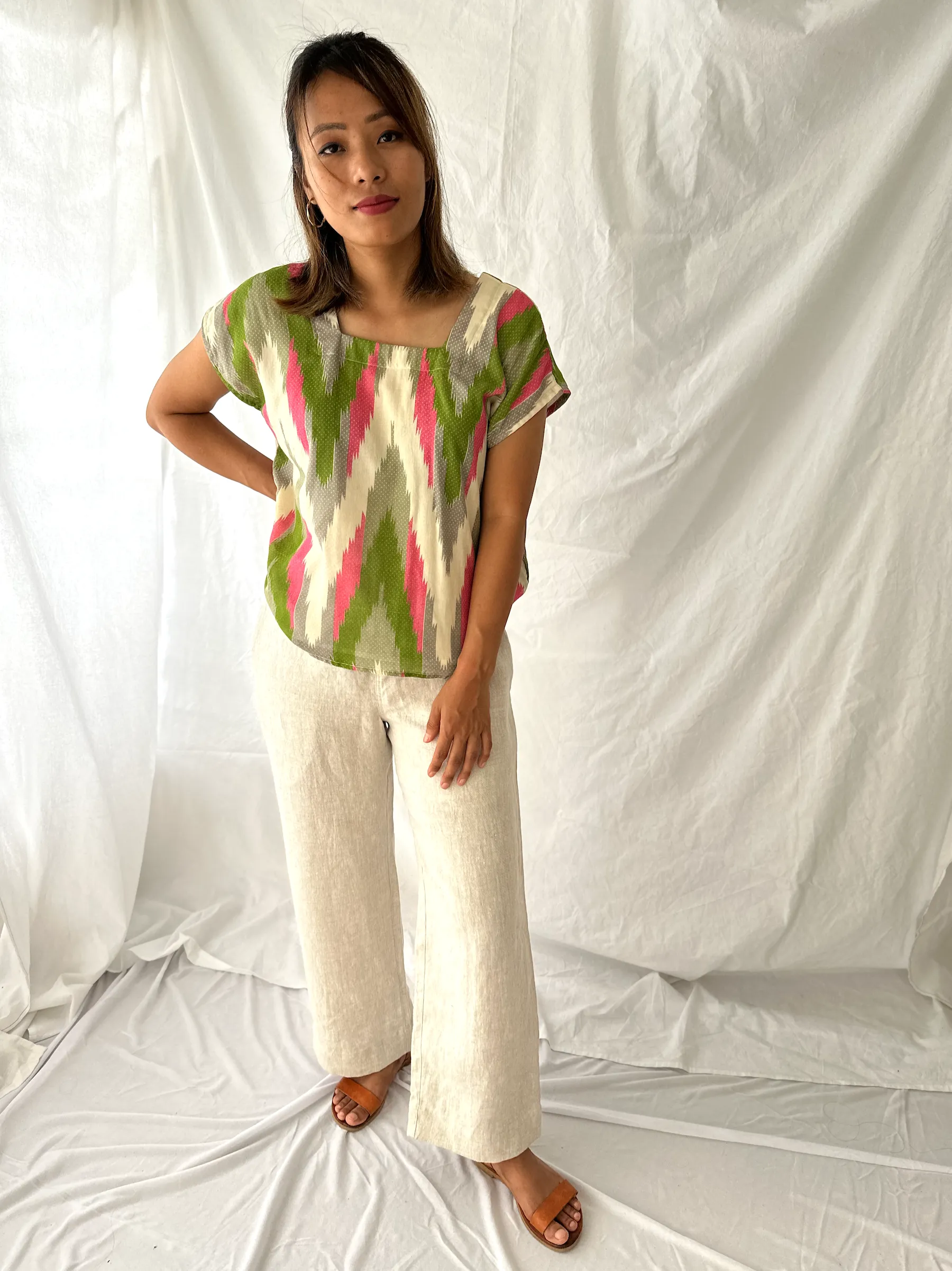 Pink & Green Ikat Square Neck Top - S